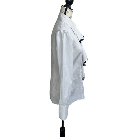 Prada Crisp White Poplin Tailored Ruffle Blue Navy Trim Shirt, 42/6 - Picture 2 of 11